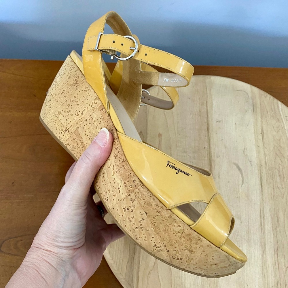 Salvatore Ferragamo Yellow Patent Leather Wedge Sandals Womens 9.5 Italy READ* - Picture 15 of 15